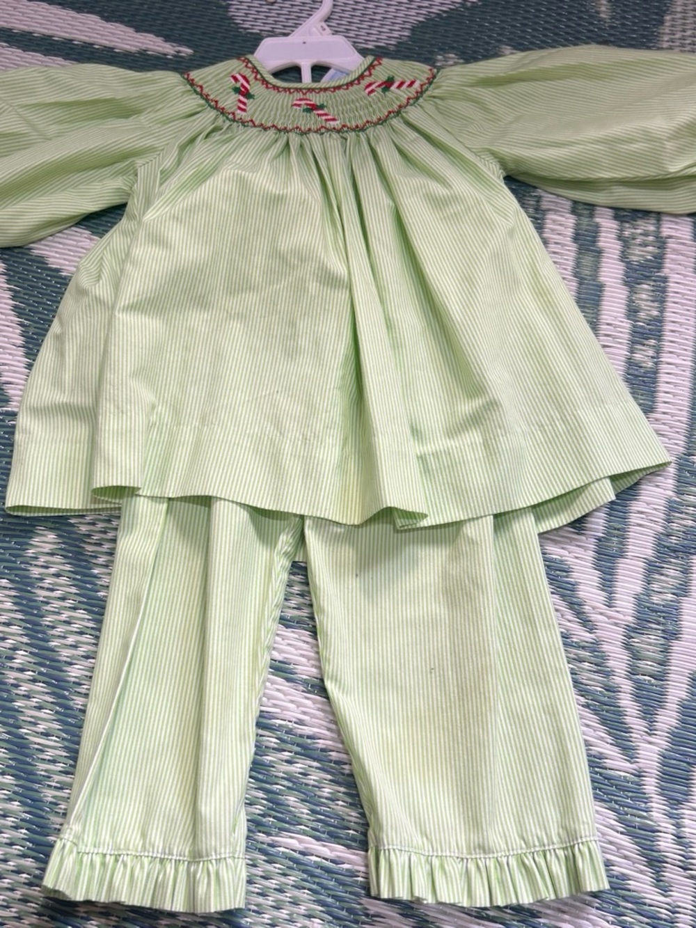 Light Green Striped Kids Pajama Set with Smocked Yoke